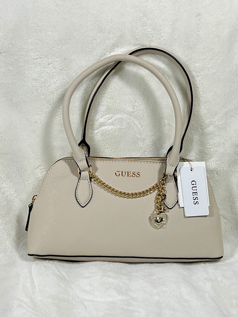 GUESS Cream Satchel with Gold Chain Charm